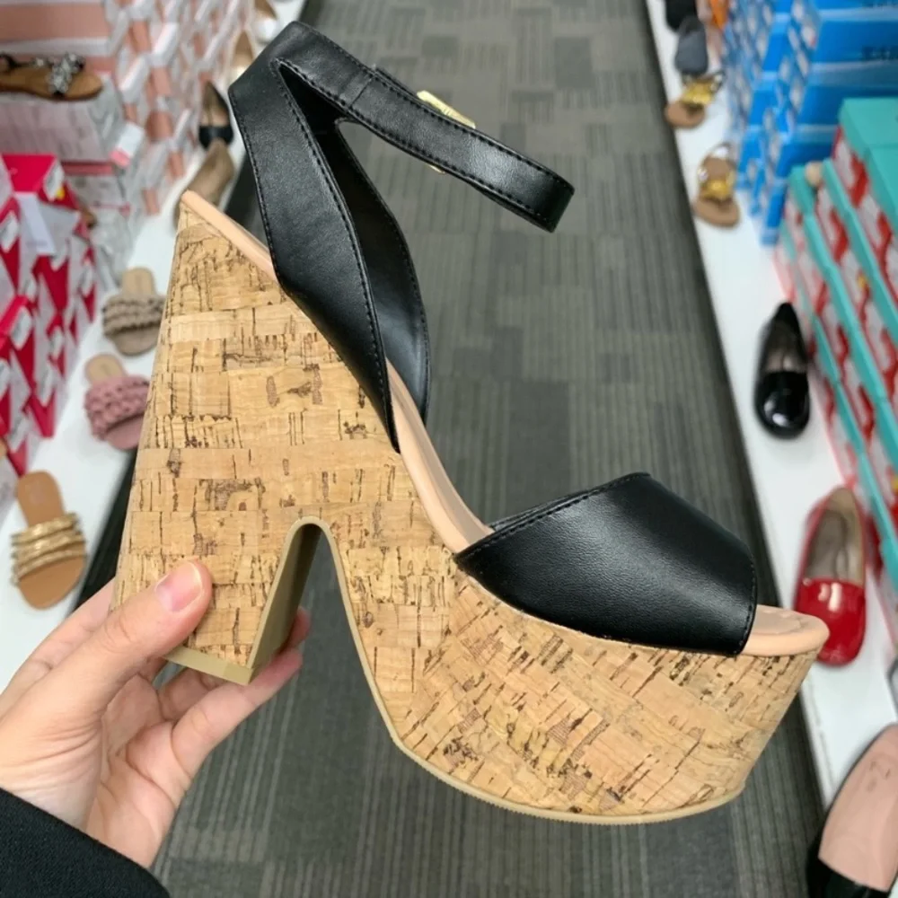 New faux leather cork wedge strappy peeptoe heels